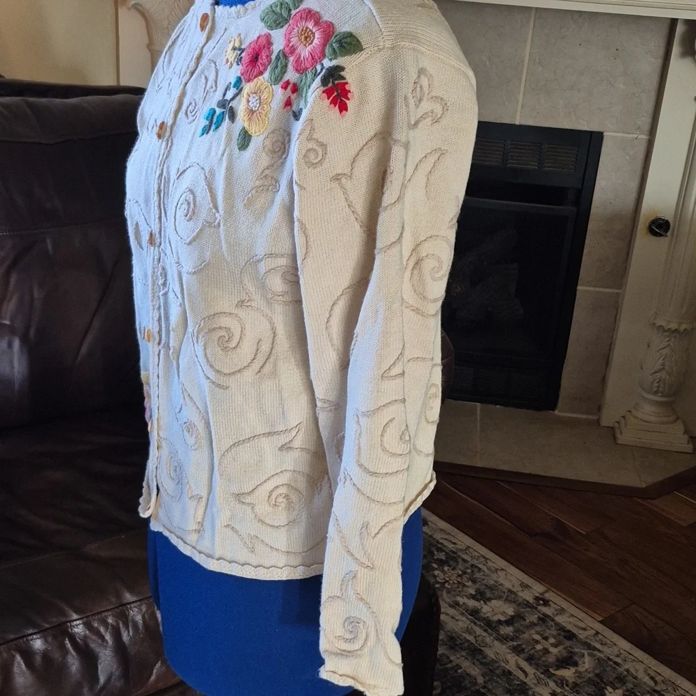 ColdwaterCreek:Vintage 1990s Beautiful Floral Embroidered Cardigan (1680A) Sz.L. - Picture 4 of 16
